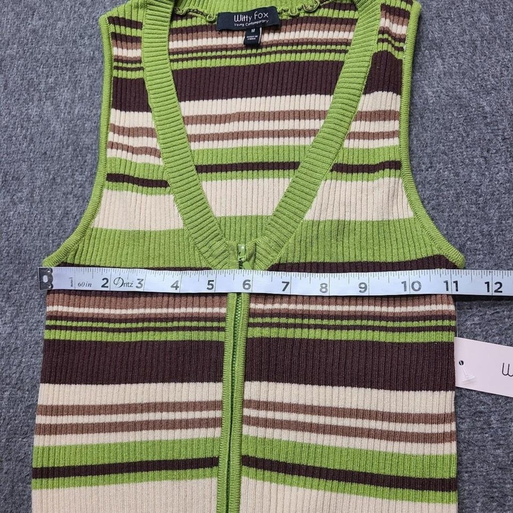 Witty Fox Sweater Vest Women Medium Green Striped New Zip Up Ribbed Knit Top - Picture 3 of 7